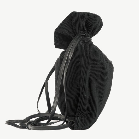 Y's Black Pleated Satin Leather-Drawstring Backpack - Picture 3 of 10
